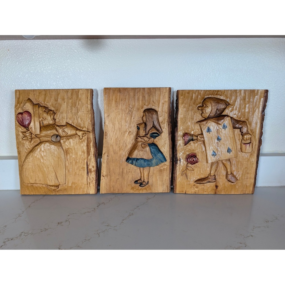 Alice in Wonderland Hand Carved Wood Relief Plaques Set of 3 Queen Card Soldier